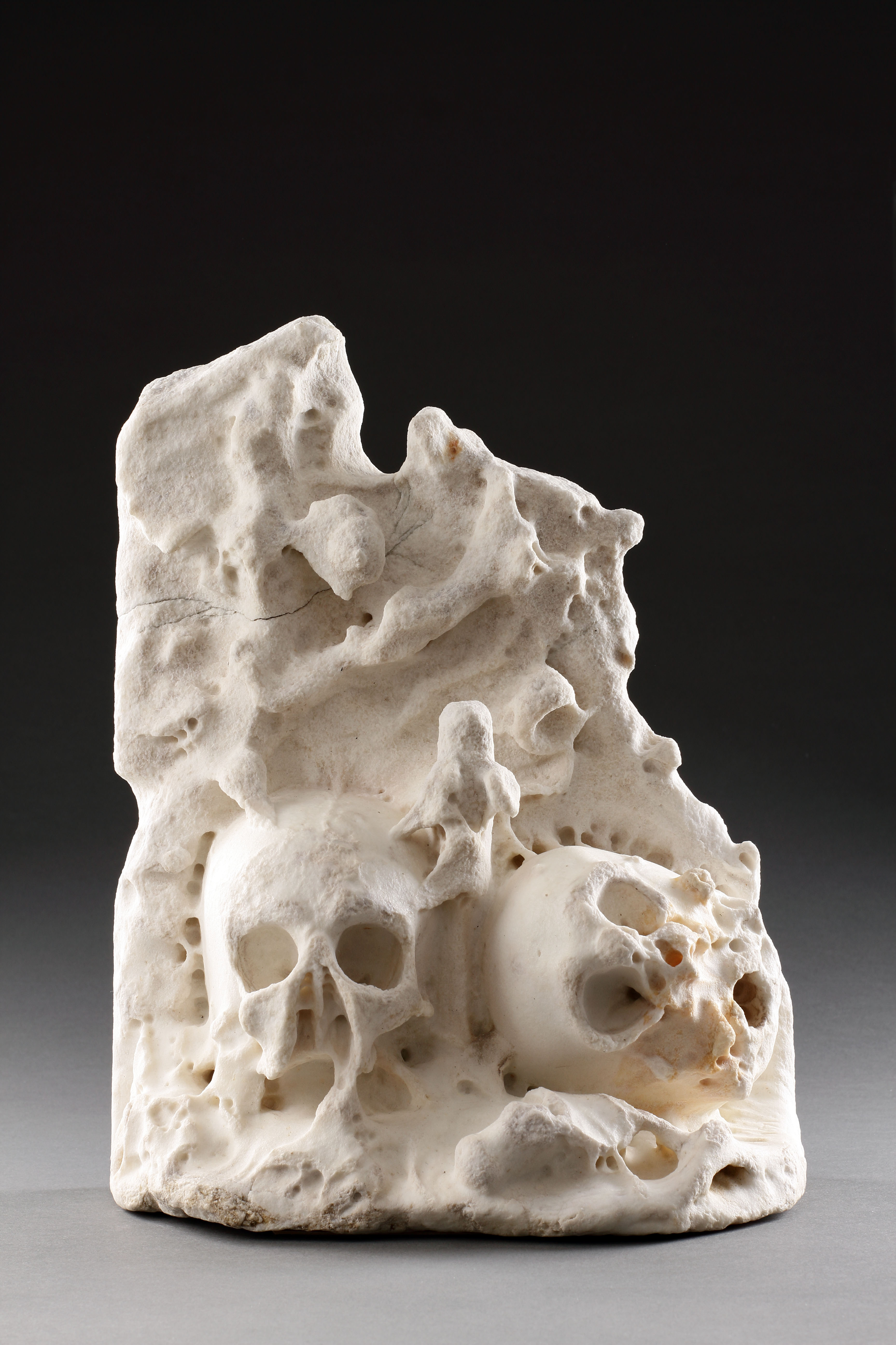 An Unusual and Rare English ‘Memento Mori’ Carved Shrine with Two Human Skulls